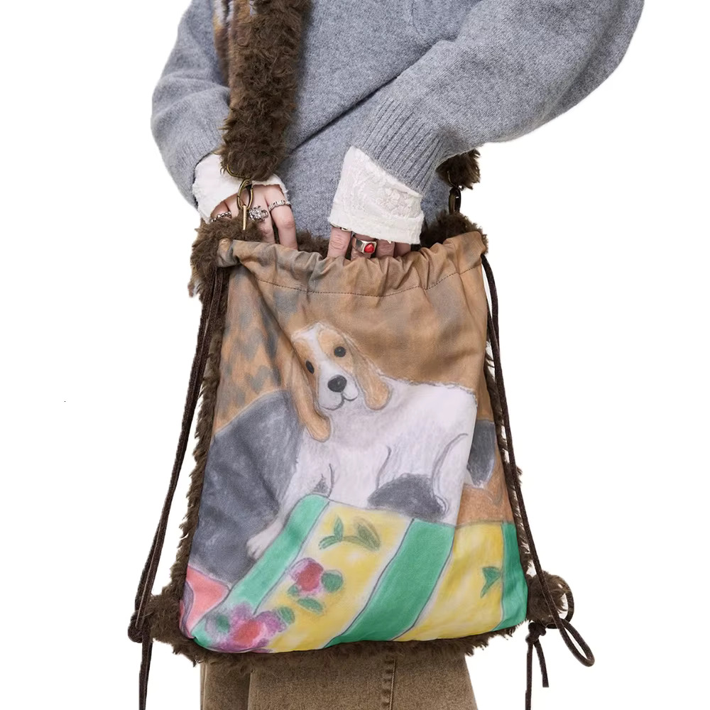 Fashion Double Sided Tote Cute Dog Shoulder Bag Warm Soft Plush Crossbody for Women Drawstring Backpack Shopper Bags