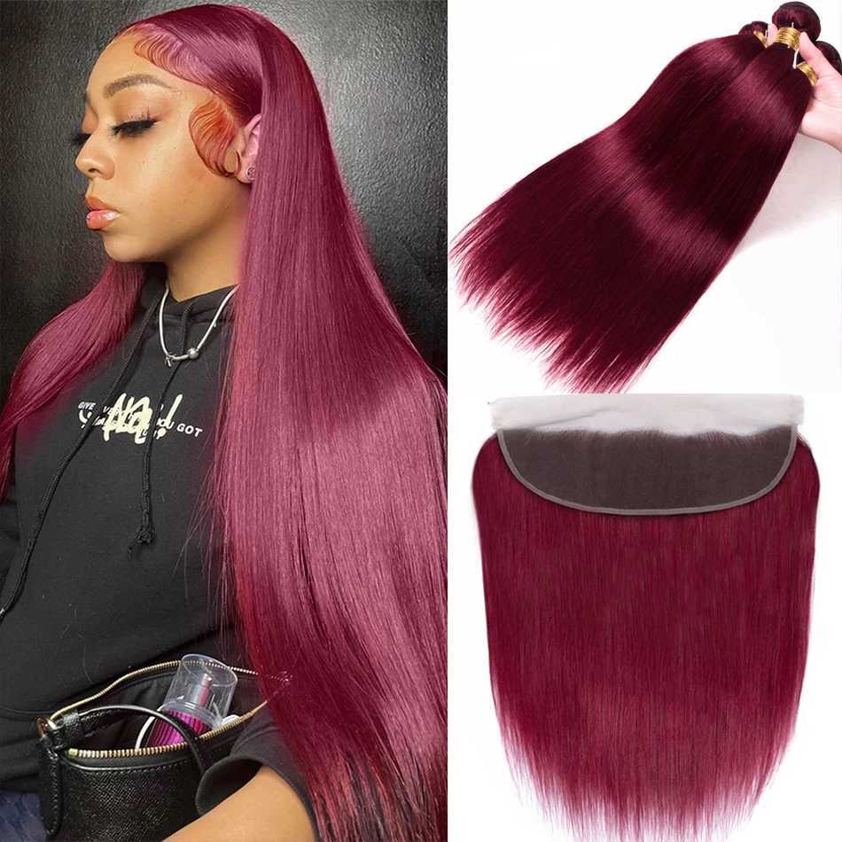 Straight Hair Bundles with Frontal 99j Burgundy Red Wine Color 100% Unprocessed Human Hair Weaves 3 Bundles with 13x4 HD FrontalXJ250120