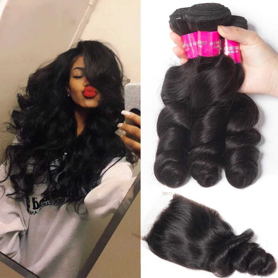12A Peruvian Raw Virgin Hair Unprocessed Human Hair Bundles With Clo 4X4 Loose Wave Bundles And Clo Natural Black ColorXJ250120