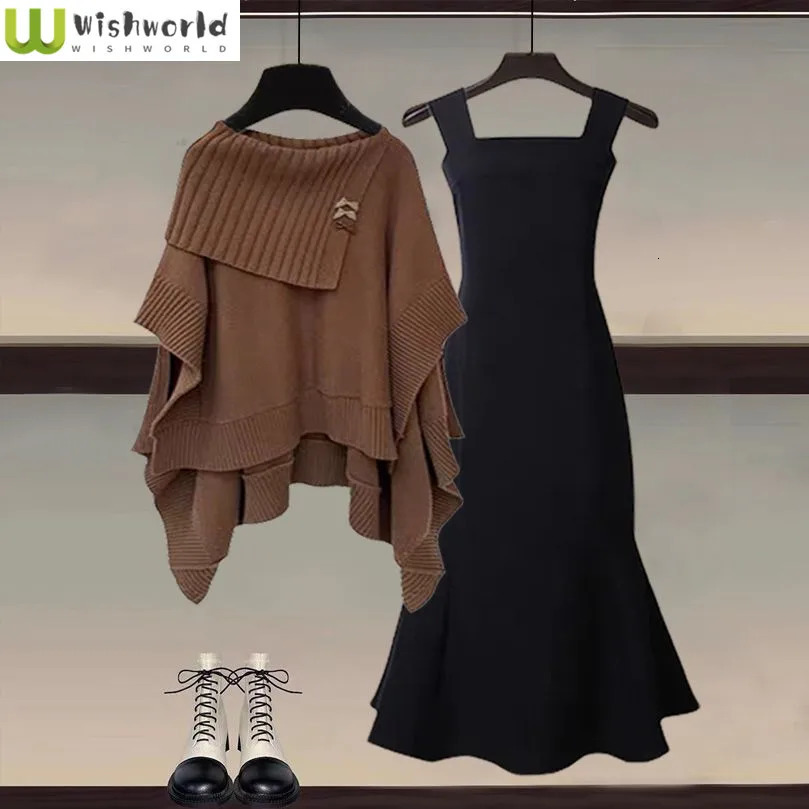 Autumn and winter fashion set for women n feeling of Maillard knitted sweater pendant sexy dress twopiece 250122