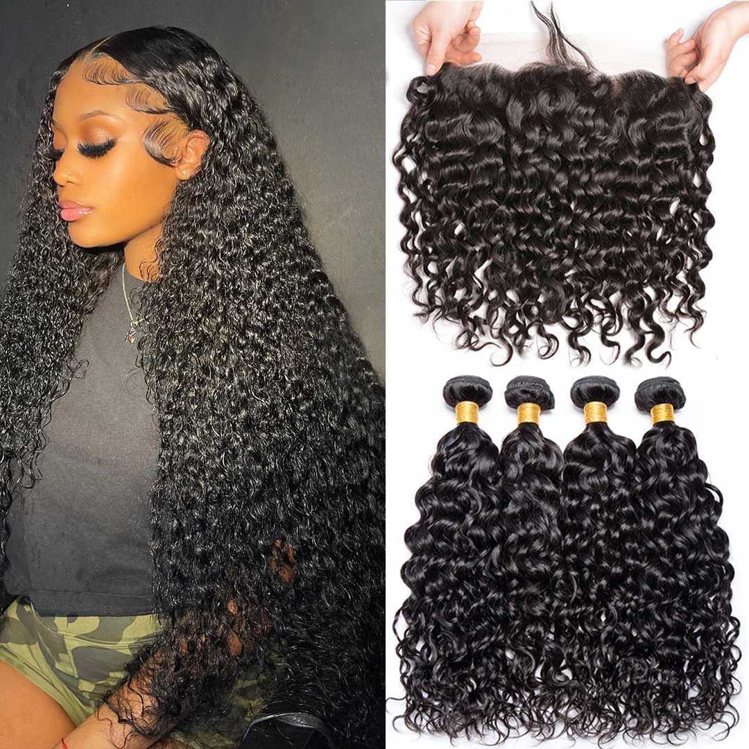 10A Peruvian Hair Bundles With Frontal Water Wave Bundles With Frontal Clo 13x4 Ear to Ear Lace Human Hair Weave ExtensionsXJ250120