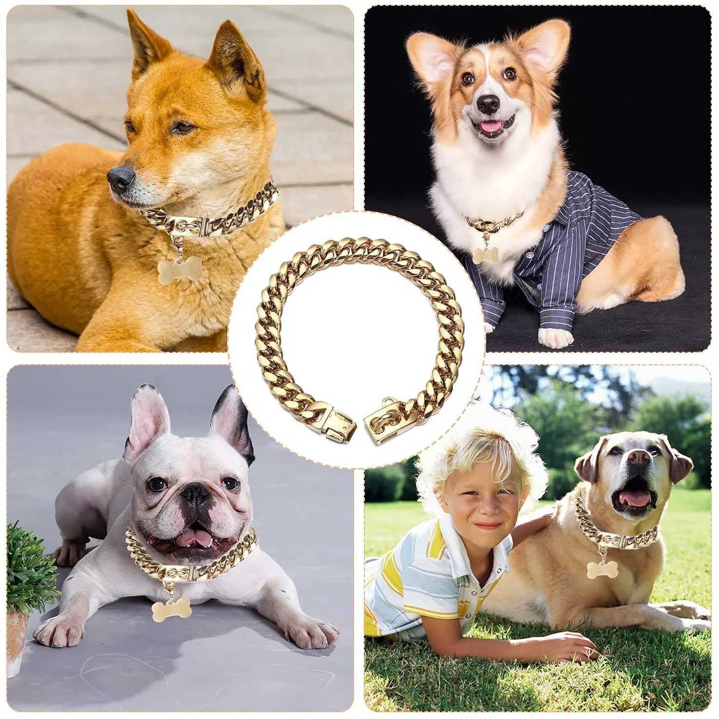 14mm Gold Dog Chains Collar for Dogs Stainless Steel Metal Luxury Necklace Pet Accessory X250129