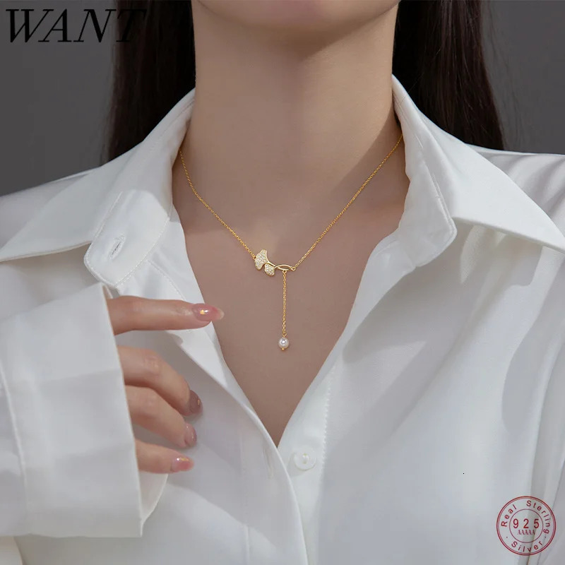 WANTME 925 Sterling Silver Fashion Sweet Ginkgo Leaf Pendant Clavicle Charm Necklace for Women Elegant Wedding Party Jewelry 250117