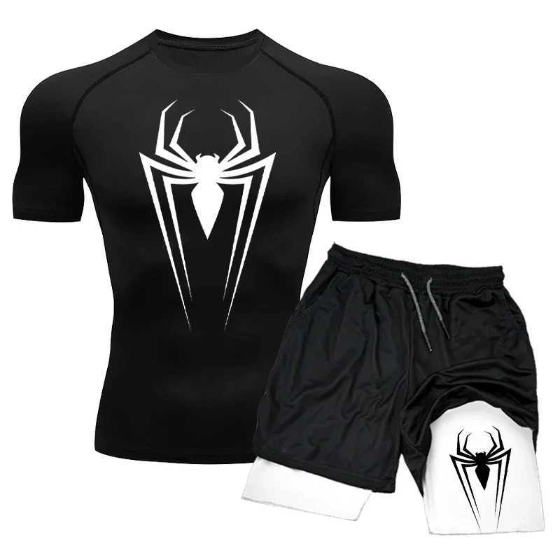 Mens Compression Set Short Sleeve Boxing Sport Gym Top+Workout Shorts Double Layer Quick Drying Breathble Tight Rashguard Suit X250129