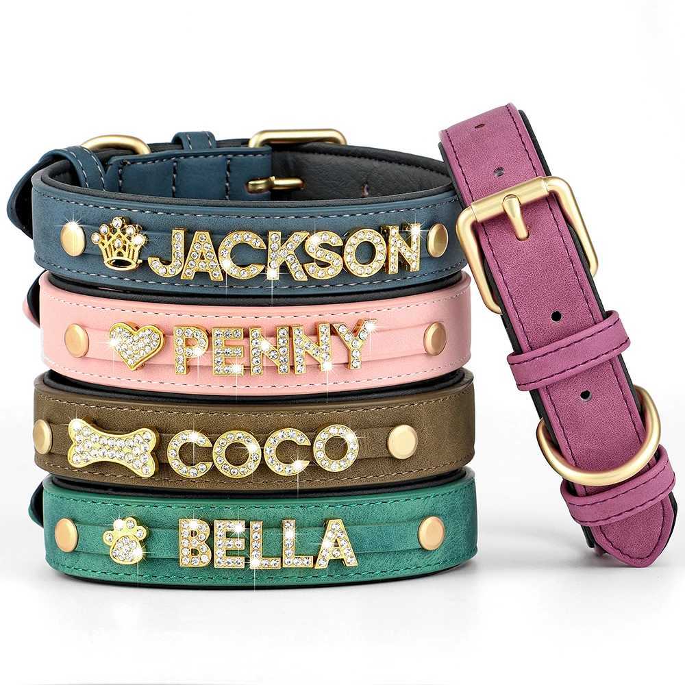 Custom Leather Dog Collar Personized Dogs Name Collars Bling Rhinestone Pet Necklace DIY Name Free Bone Paw Heart Charm X250129