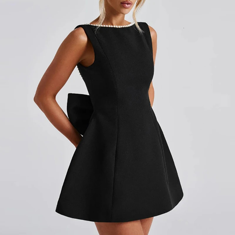 Sexy Hollow Out Backless Bow Party Dress Fashion O Neck Waist Solid Short Dress Pearl Patchwork Slim Women A-line Dress Vestidos 250113