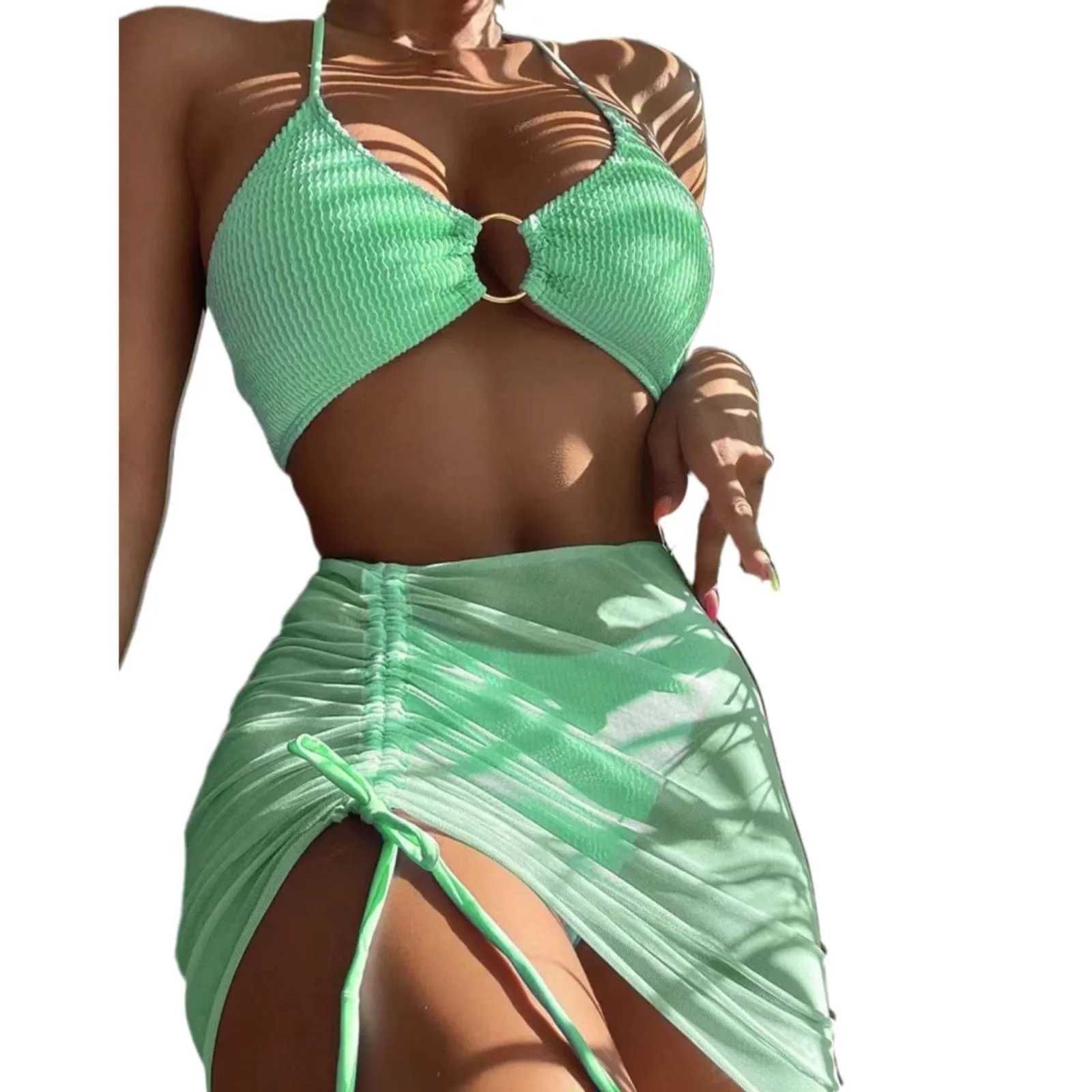 WomenS Bathing Suits 3 Piece Halter Ring Bikini Set With Cover Up Skirt And Bikini Split Swimsuit Fe Summer Beach WearXJ250120