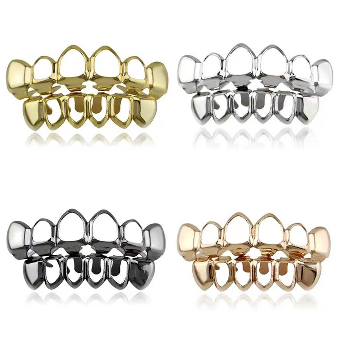 RACHELZ Classic 6/6 Hollow Teeth Grillz Hip Hop Top Bottom 14K Gold Plated Tooth Caps For Women Men JewelryXJ250114