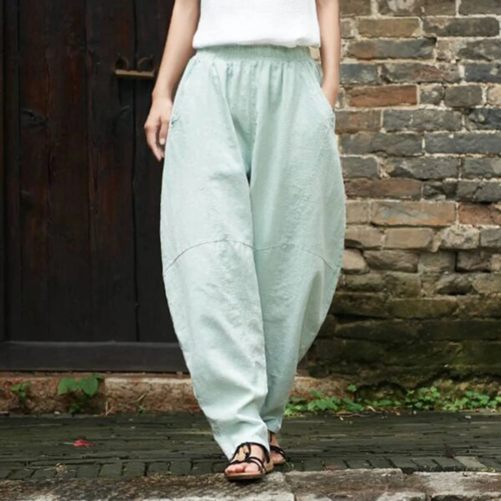Cotton Linen Loose Fitting Women Casual Cargo Pants Solid Baggy Pants Woman Trousers 250117