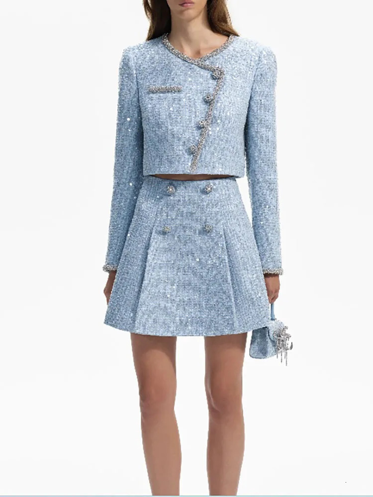 y2k springsummer round neck slant placket sequin drill button jackets for women high waist tweed midi dresses short sets 250113