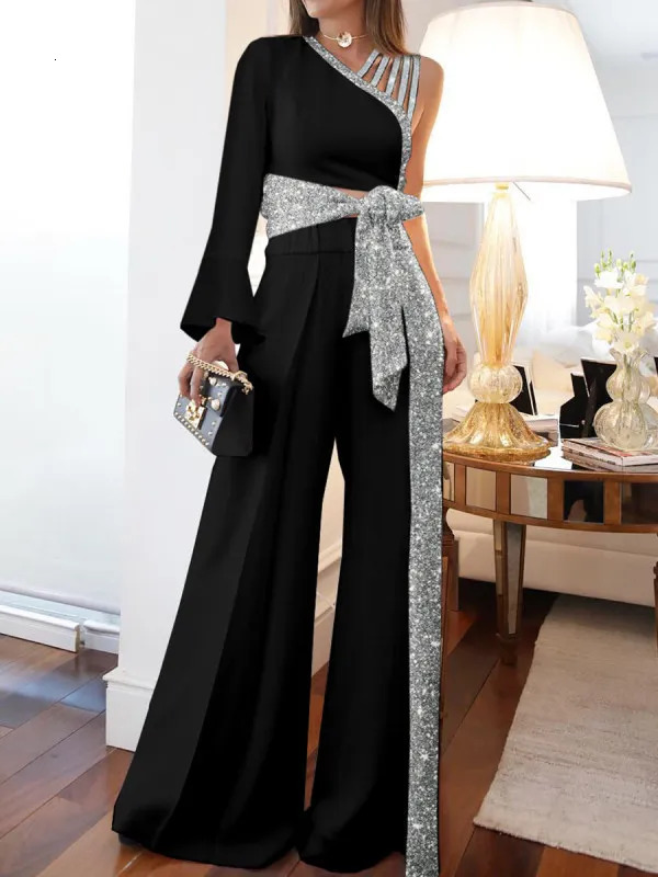 Elegant Women Jumpsuits Casual Long Sleeve One Shoulder Shiny Wide Leg Jumpsuit Lace Up Loose Wide Legs Romper High Streetwear 250114