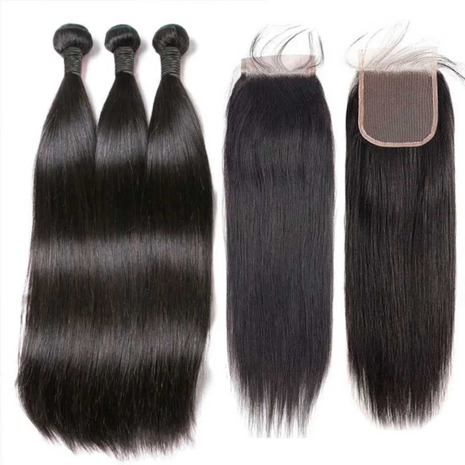 Bone Straight Bundles With Clo Brazilian Hair Weave Bundles With Clo 30 Inch Naturel Hair Bundles with Lace Frontal HairXJ250120
