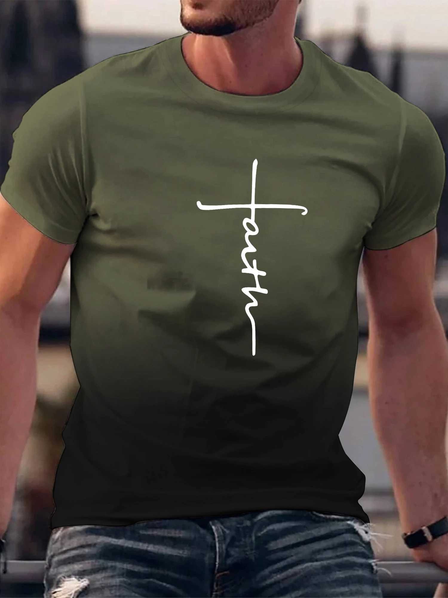FAITH T-shirt Mens Gradient Color And Alphabet Print With Crew Neck Short Sleeve Casual Trendy Tops Suitable For SummerXJ250117