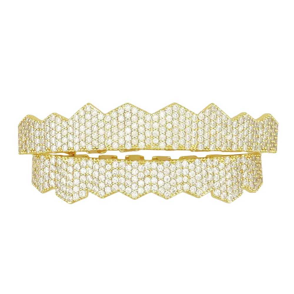 1set Hip Hop Full Iced Out Long Teeth Grillz Gold Plated Dental Grills Rock Tooth Grillz Caps Crystal Teeth Caps Halloween GiftXJ250114