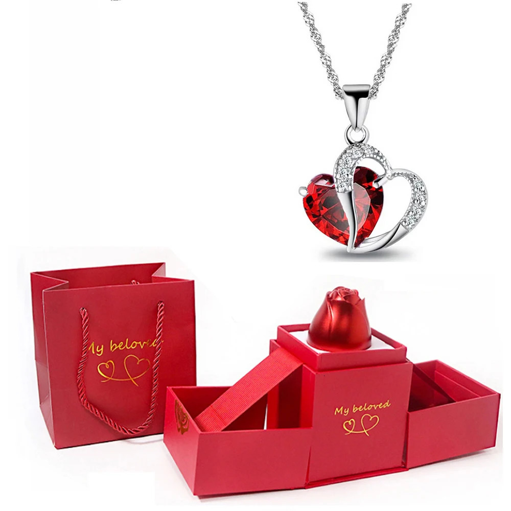 Heart Red Zircon Necklace Pendant With Roses Flower Box Gift For Mothers Day Romantic Jewelry Wedding Gift 250117