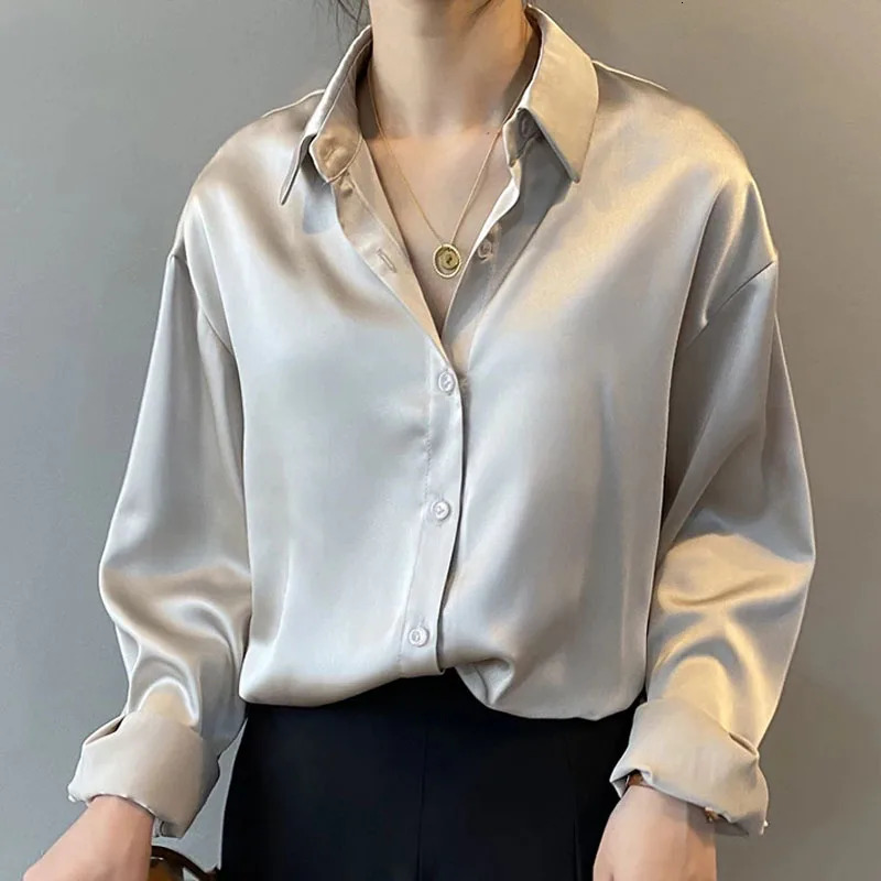 Fashion Simple Satin Blouse Women Loose Button Up Long Sleeve Womens Shirts Office Lady Tops Woman Casual Clothes 11355 250121