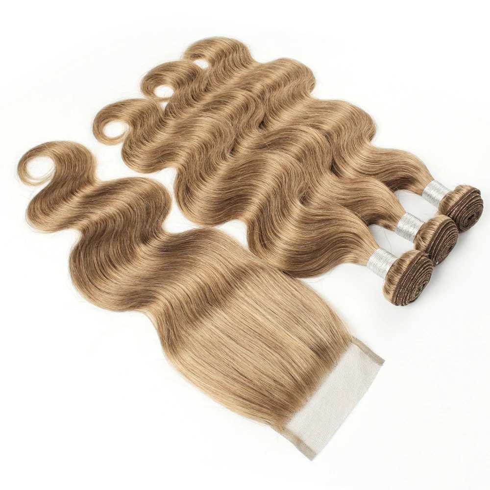 Body Wave Color 8 Ash Blonde 2/3/4 Bundles With 4x4 Clo Free Part Indian Remy Human Hair Weave Extension 95-100g/PC AlXJ250120