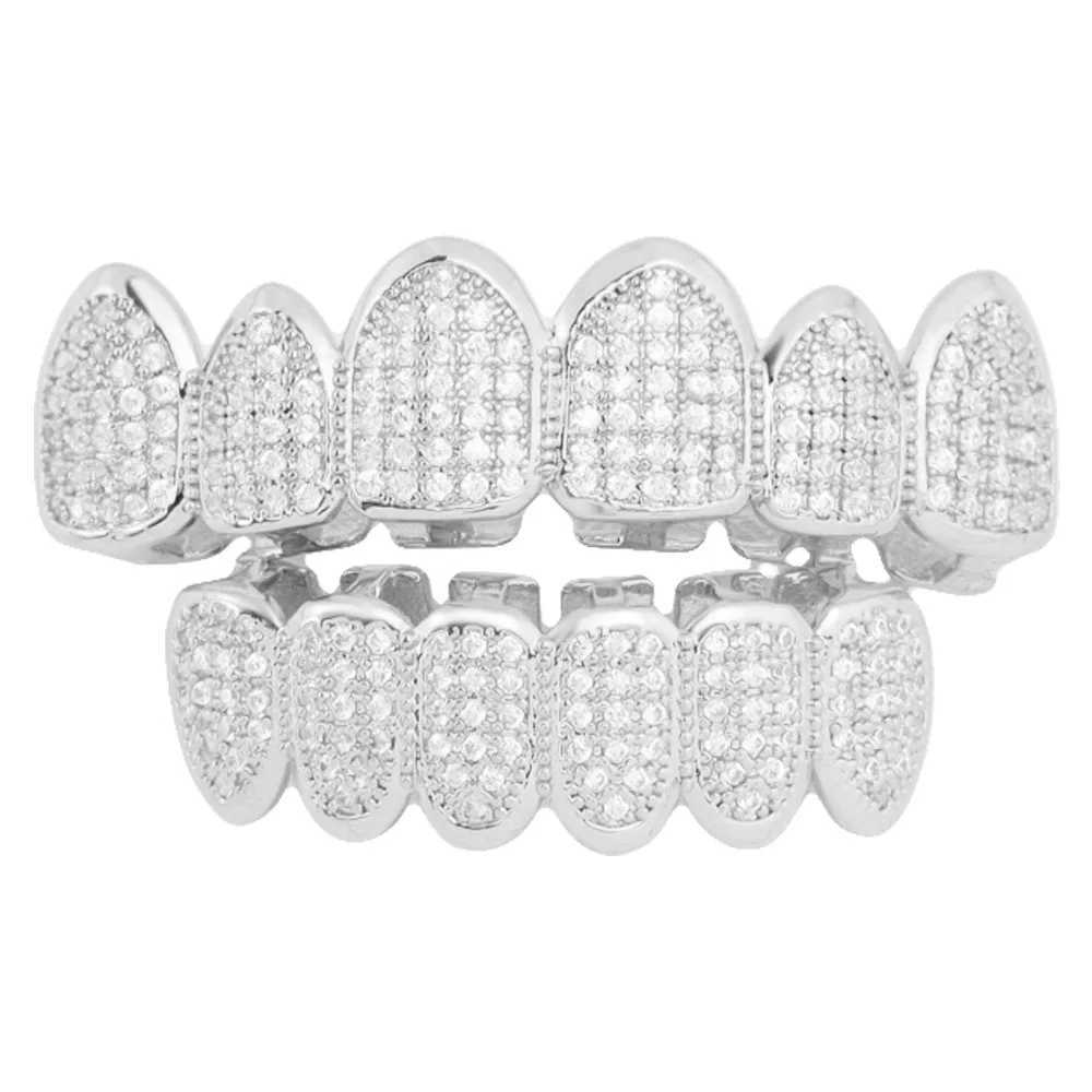 1set Hip Hop Full Iced Out Teeth Grillz Gold Plated Dental Grills Tooth Grillz Caps Crystal Teeth Caps Halloween Vampire ToothXJ250114