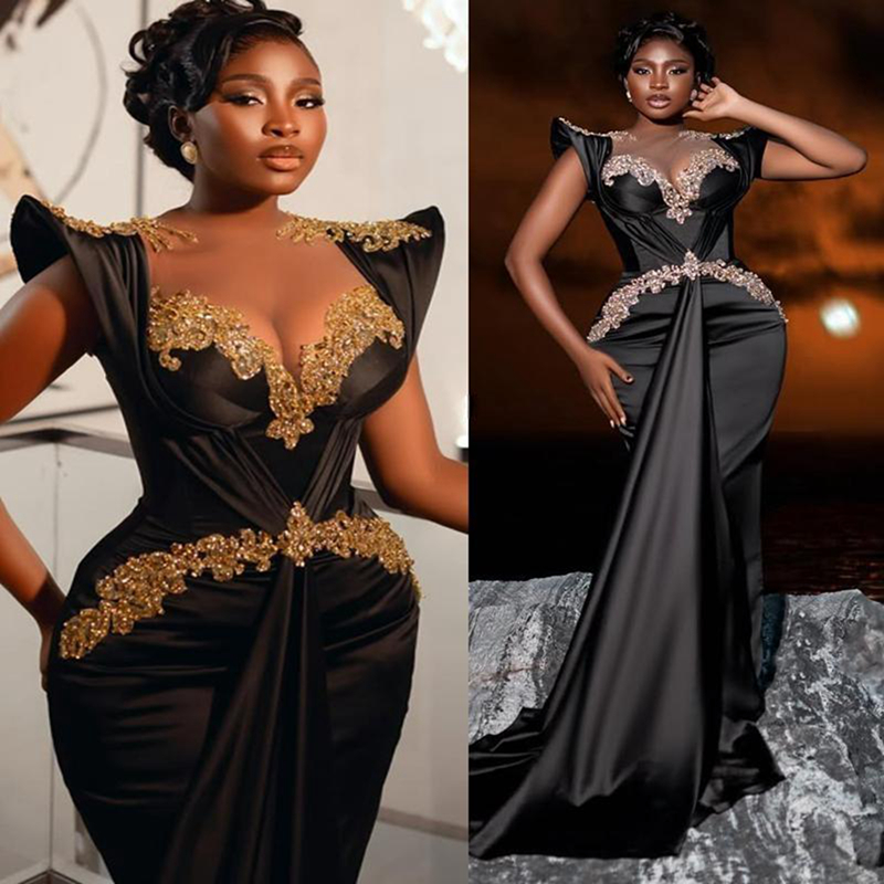 2025 Black Evening Dresses Prom Dresses Mermaid Gowns For Black Women Sheer Neck Illusion Appliqued Beaded Lace Birthday Party Dress Second Reception 