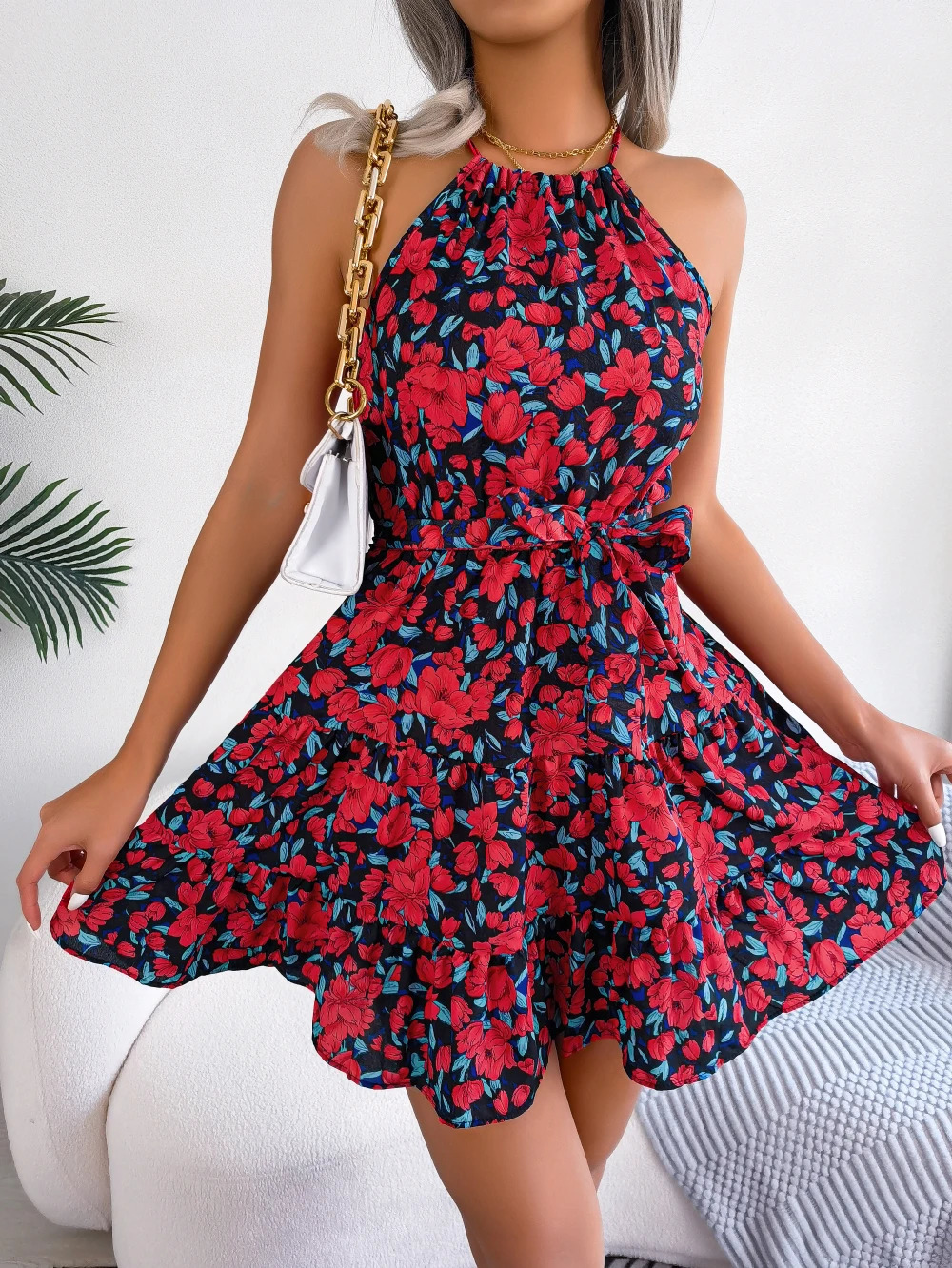 Women Summer Casual Floral Print Ruffle Halter Dress 250122