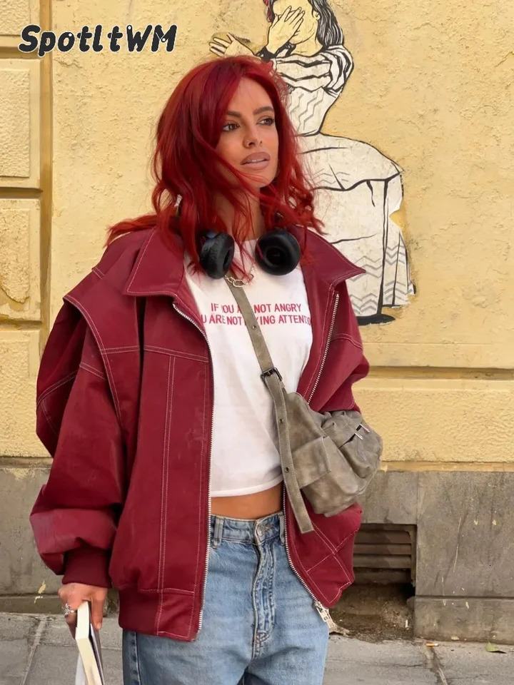 Women Fashion Solid Oversized Contrast Stitch Jacket Loose Lapel Long Sleeve Zipper Pu Leather Top Autumn Lady Motorcycle Jacket 250113