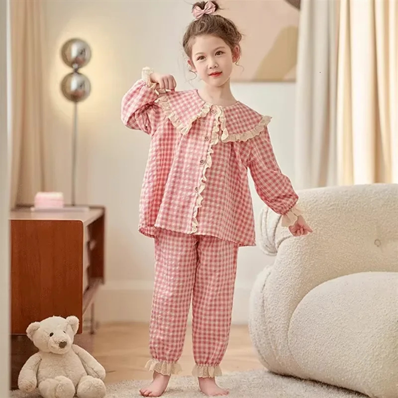 Girls Cute Checkered Pajama Set Autumn Long Sleeve Doll Collar Childrens Stylish Home Clothes Trendy 250121
