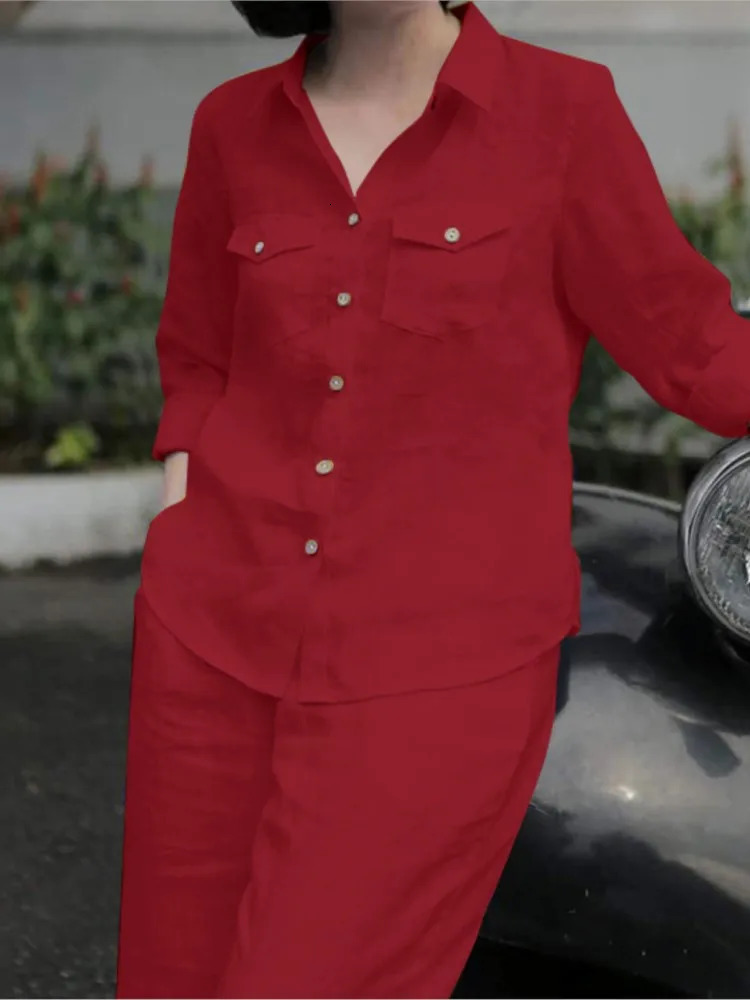 Womens Elegant Lapel Neck Long Sleeve Shirt Pants Sets 2PCS Fashion Autumn Outifits Solid Work Trousers Suits Tracksuit 250118