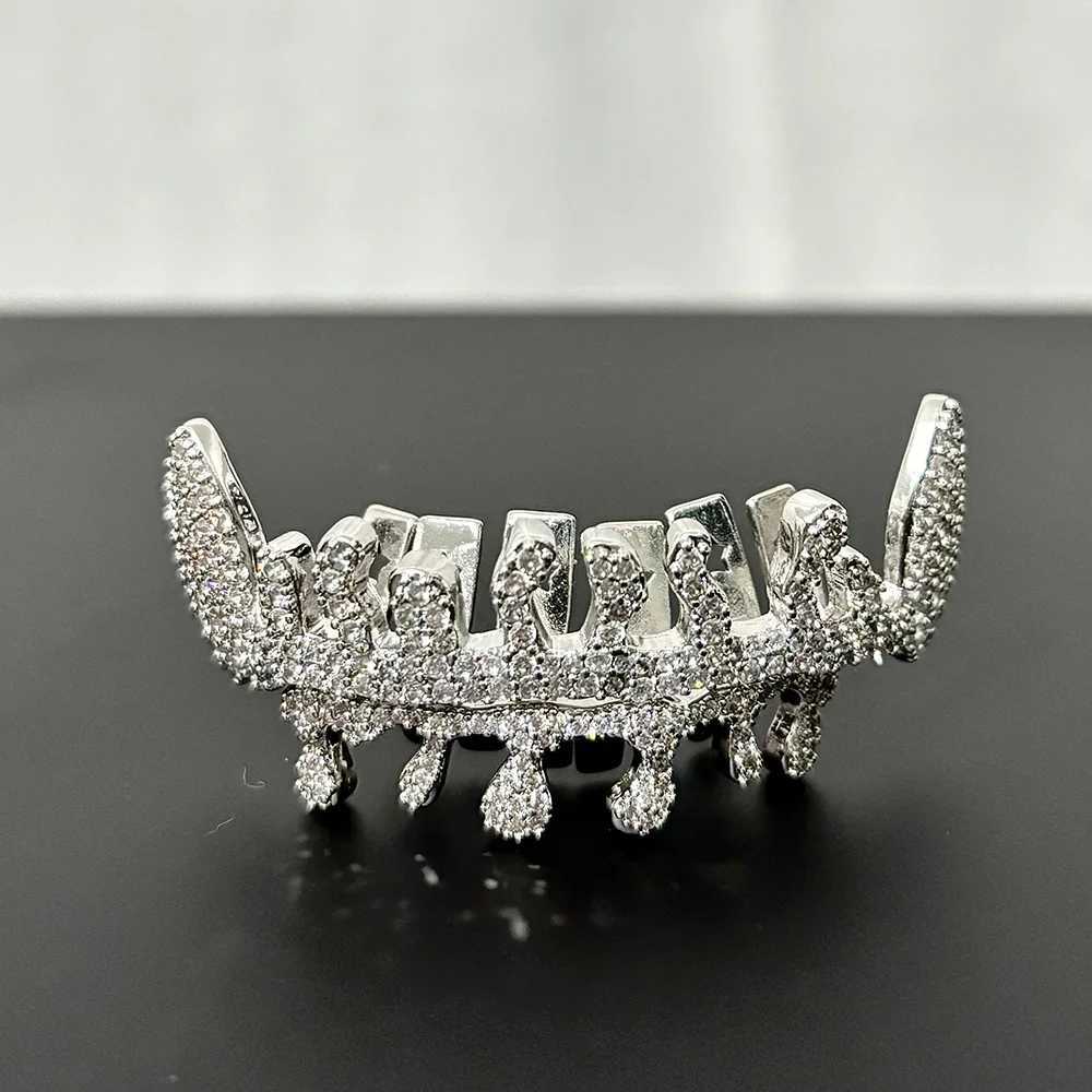 RACHELZ Silver Color Flame Full CZ Stone Tooth Caps For Women Men Hip Hop Water Droplet Zircon Teeth Grillz Braces JewelryXJ250114