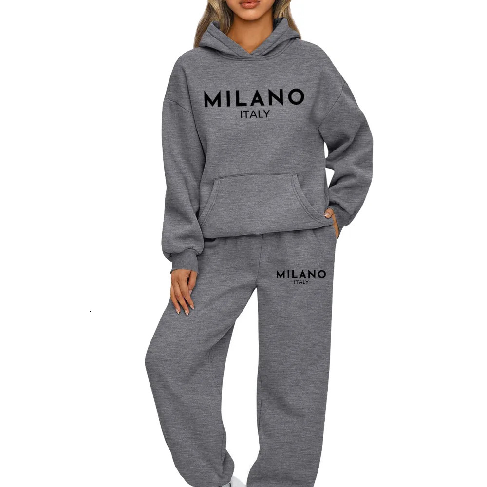 2 Piece Set Women Outfit MILANO Letter Print High Neck Hoodies Sweatshirt Pants Tracksuit Plus Size Streetwear Casual Suit 250122