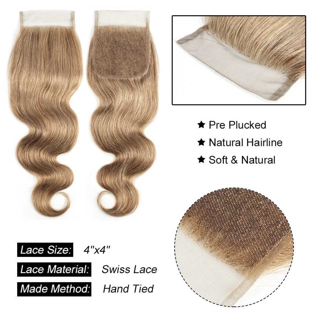 Body Wave Color 8 Ash Blonde 2/3/4 Bundles With 4x4 Clo Free Part Indian Remy Human Hair Weave Extension 95-100g/PC AlXJ250120