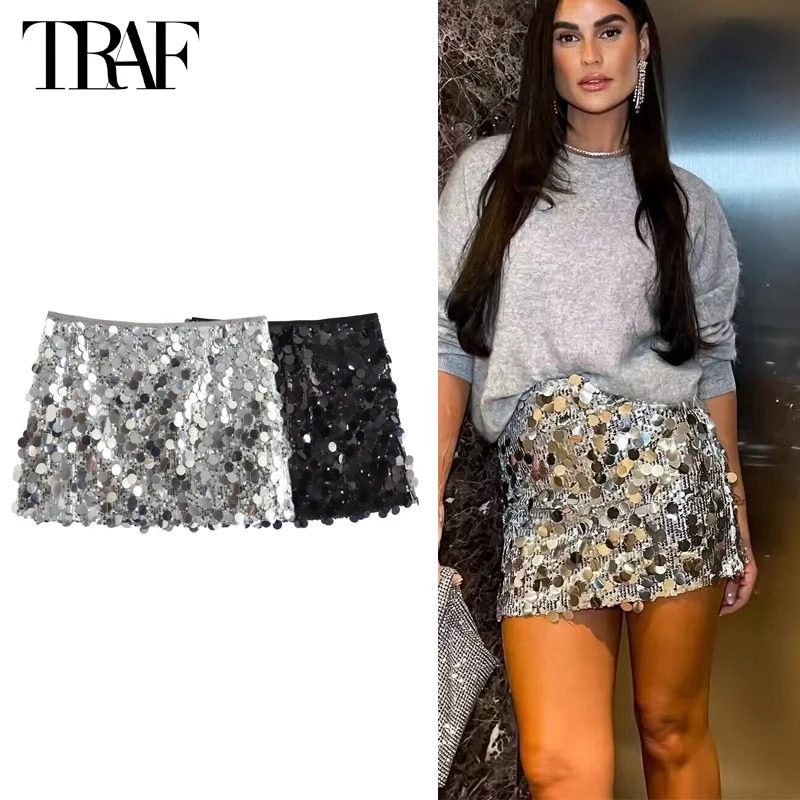TRAF 2024 Sequin Mini Skirt Women High Waist Skirts for Woman Fashion Summer Womens Streetwear Glitter Short 250121