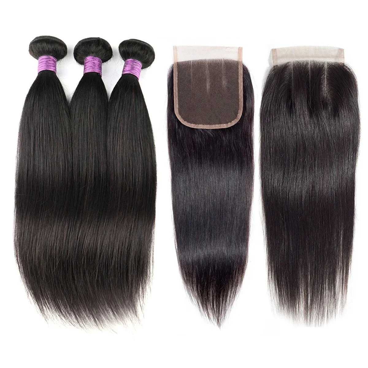 Brazilian Virgin Natural Hair Straight Bundles Weaves 4x4 Lace Clo Straight Human Hair 3 Bundles with Clo Fast DeliveryXJ250120