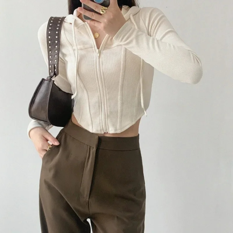 Thin Hooded Cardigan Women Vintage Slim Solid Sports Jacket Vertical Pit Stripe Zipper Female Sexy Korean Cropped Tops 250122