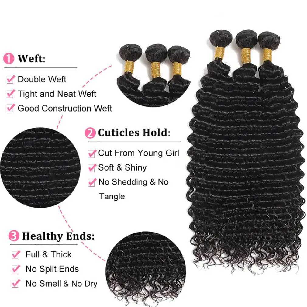 Deep Wave Bundles With Frontal Brazilian Virgin Remy Hair 3/4 Bundles With 13x4 Frontal Natural Color Curly Bundles With FrontalXJ250120