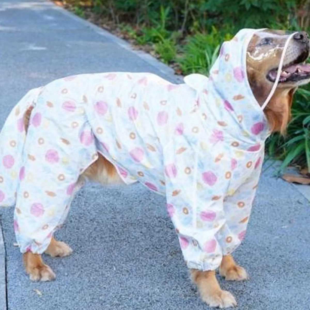 Extra Large Dog Hooded Raincoat with Transparent Brim Breathable 4-Legged Design Cartoon Print for Labrador Golden RetrieverXJ250121