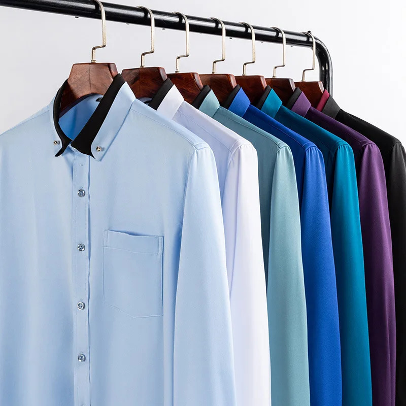 Mens Business Dress Shirts long Sleeve Contrast Collar Social Camisa With Diamond Antiwrinkle Button Down Black Blue 250110