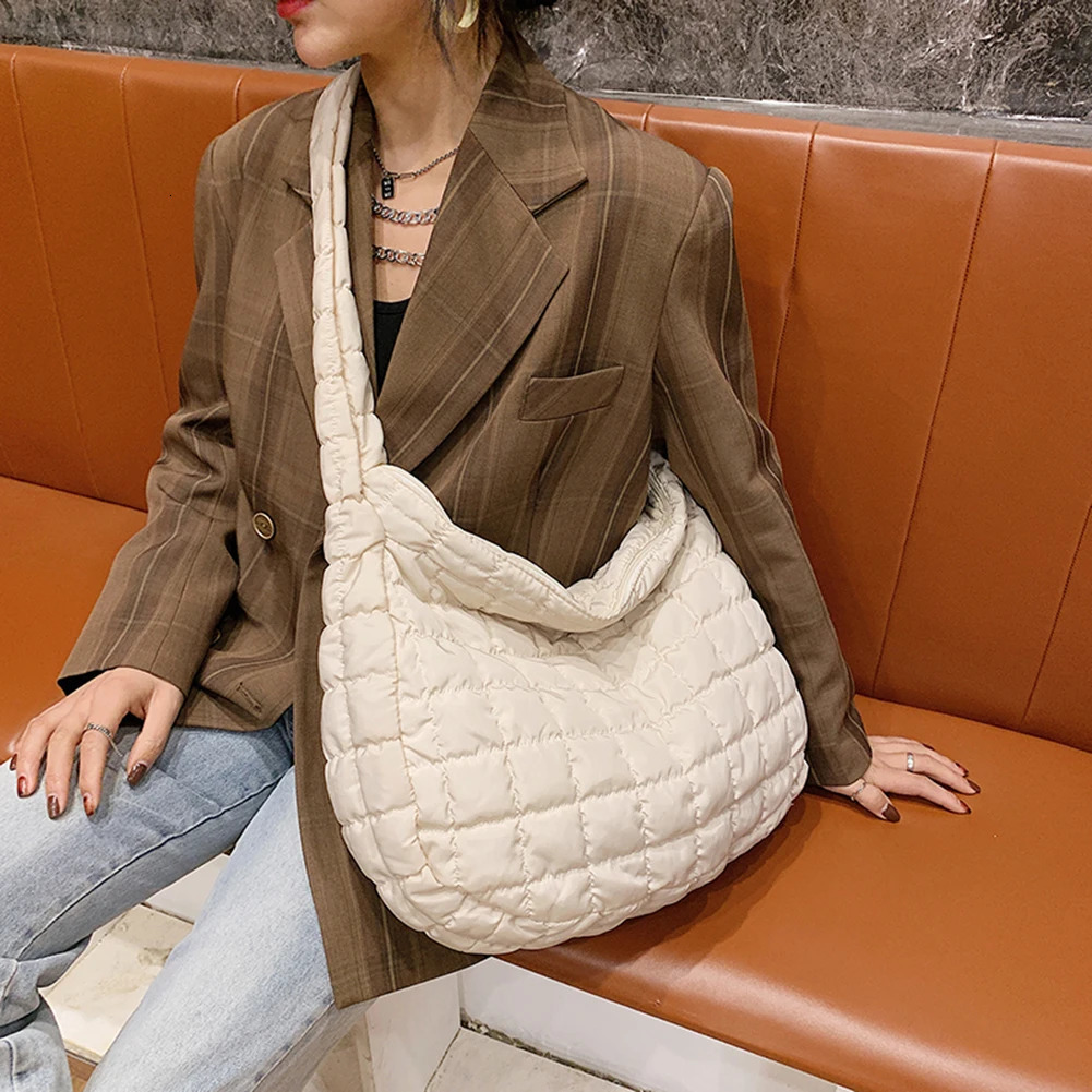 Large Capacity Lattice Pattern Shoulder Bag Space Cotton Handbag Women Tote Bags Feather Padded Ladies Quilted Shopper Bag 250122