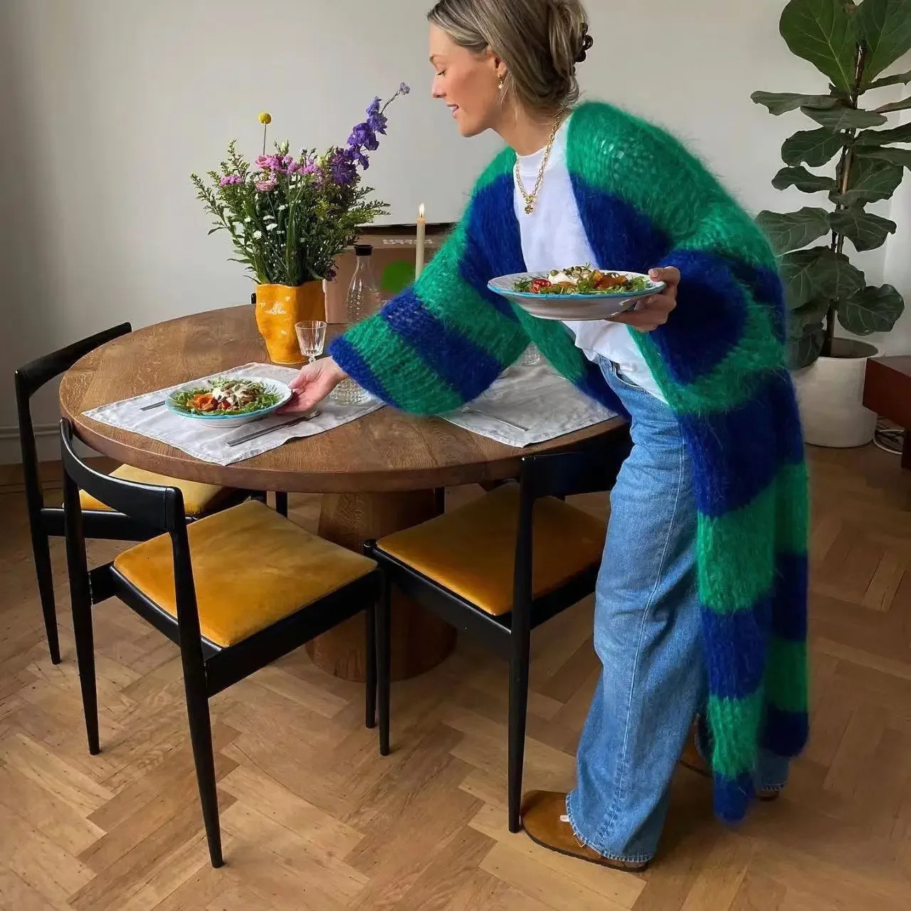 Spring Striped Women Sweater Long Cardigan Keep Warm Loose Sweaters Female Springr Elegant Casual Trendy Ladies Clothes 250114