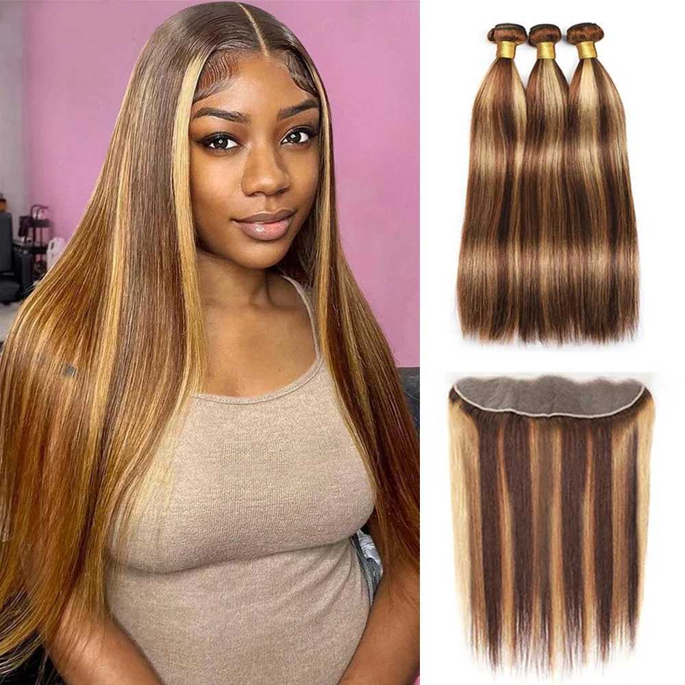 Highlight 4/27 StraightBundles With Frontal 13x4 Lace Hair Extension Brazilian Remy Hair Weaves Bundles With Clo Human HairXJ250120