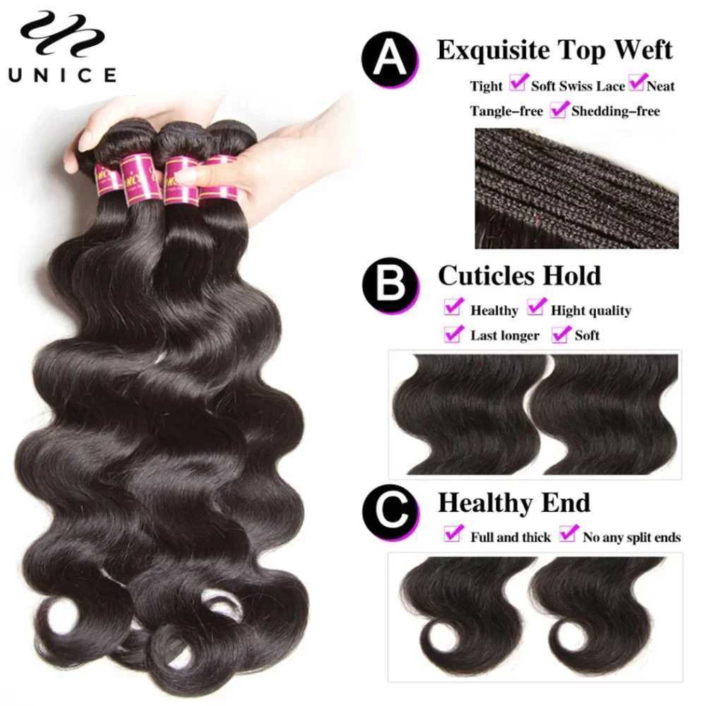 Unice Hair Body Wave Human Hair Bundles With Clo Natural Color 100% Human Hair 3/4 PCS Bundles With 4x4 Inch Lace CloXJ250120