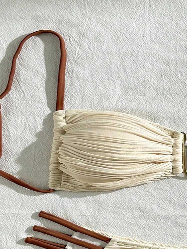 Sexy Solid Pleat Lace Up Bikinis 2 Piece Set Women Split Swimsuit High Waist Beach Bikinis 2025 New Summer Swimwear Bikinis SetXJ250120