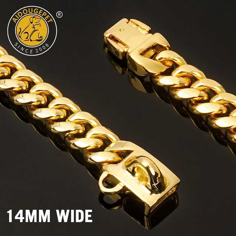 Durable gold dog collar stainless steel Cuban chain 14mm wide metal pet necklace suitable for small medium and large dog collar products X250129