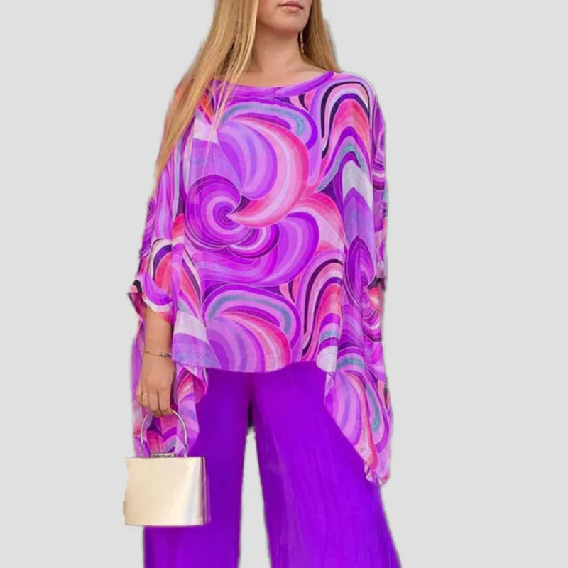 Summer Fashion Colorful Pattern Print Suit Womens Round Neck Chiffon Breathable Top Loose Casual Pants Office Two-piece Set 250110