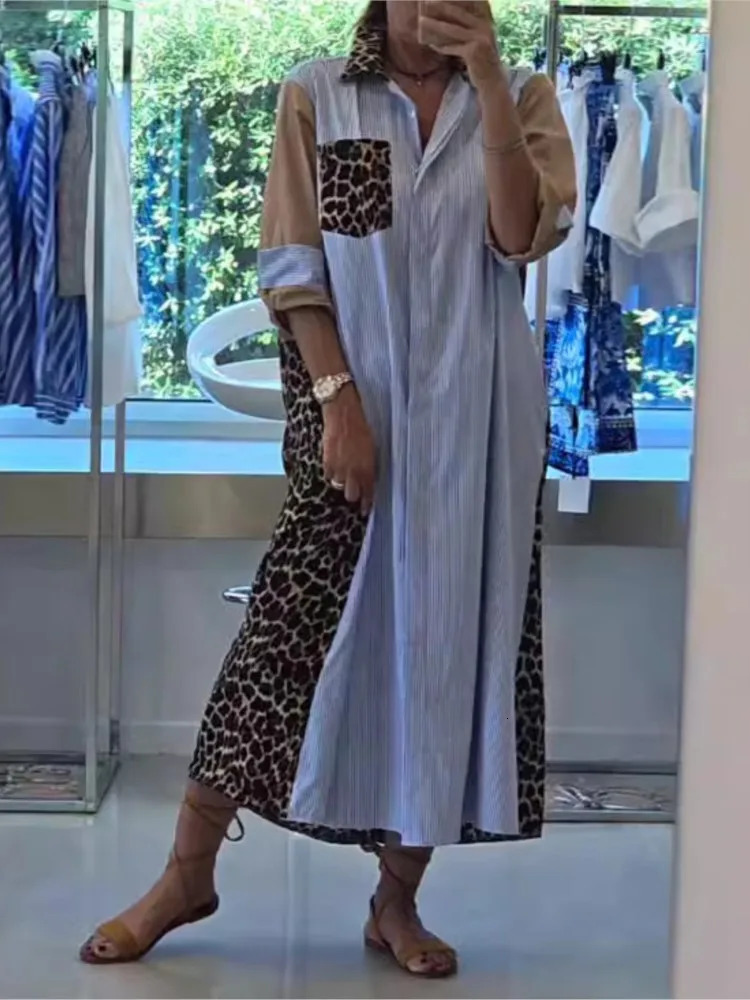 Fashion Lapel Long Sleeve Single Breasted Shirt Dress Women Autumn Elegant Pocket Splicing Striped Leopard Print Dresses Female 250113