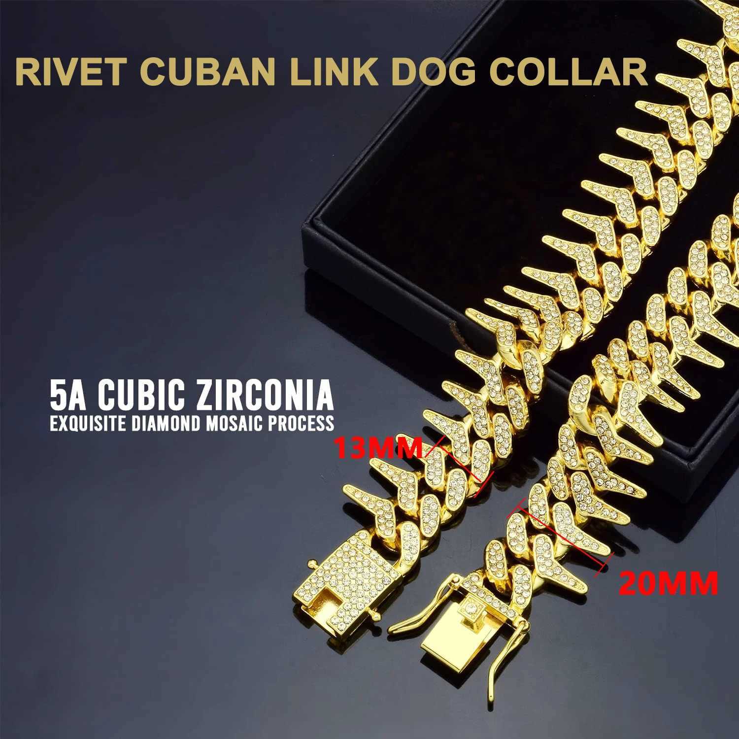 13mm Bling Diamond Chain Dog Cat Collar with Spiked Rivet Design Luxury Gold Cuban Link Dog Collar for Small Medium Large Dogs X250129