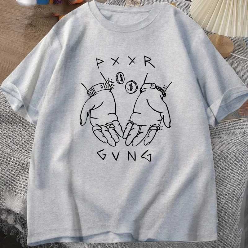 Pxxr Gvng Graphic Printed Summer T-shirts Round Neck Oversized Tshirt Men Cotton Short Sleeve Tops Casual Unisex Streetwear TeesXJ250117