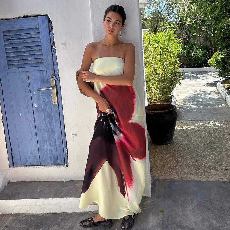 CUTENOVA Sexy Strapless Print Floral Belt Women Maixi Dress Yellow Backless High Waist Dresses Summer Holiday Elegant Beachwear 250113