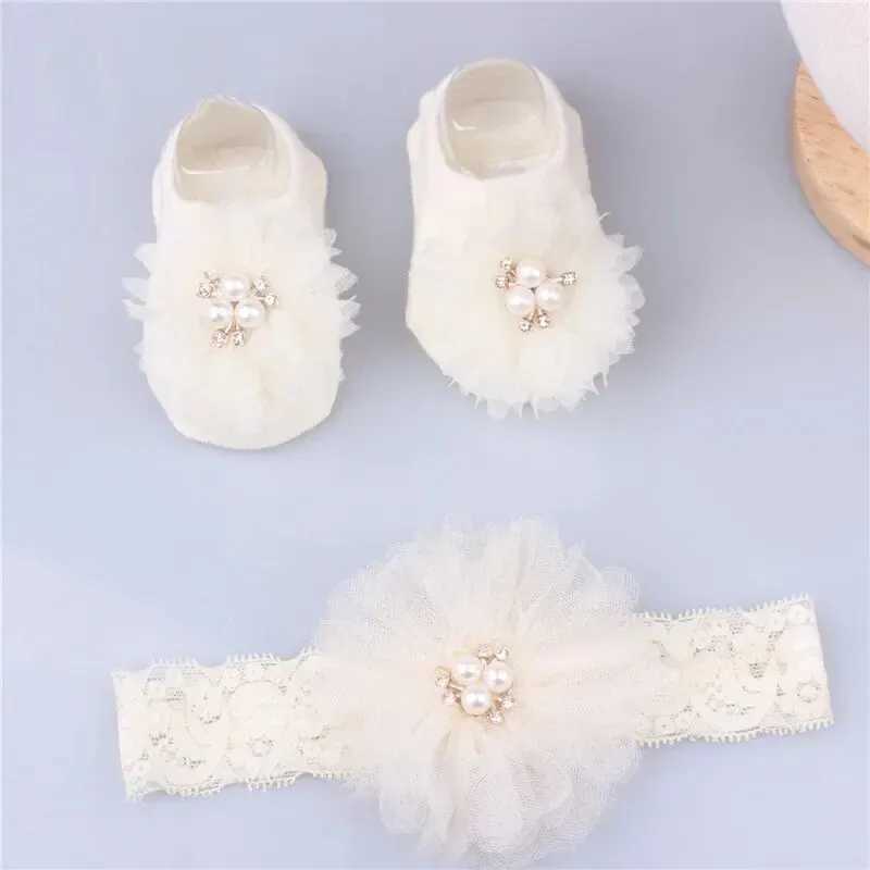 Cute Pearl Bows Baby Headband Socks Set Non Slip Cotton Sock Lace Flower Newborn Hair Band Turban Girl Hair Accessories X250129