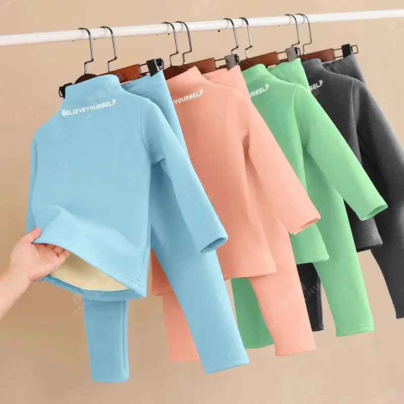 2-Piece Autumn Winter Fleece Childrens Turtleneck Warm Home Clothes Set Boys Girls Letter Print Pajamas and Pajama Pants Set 250113