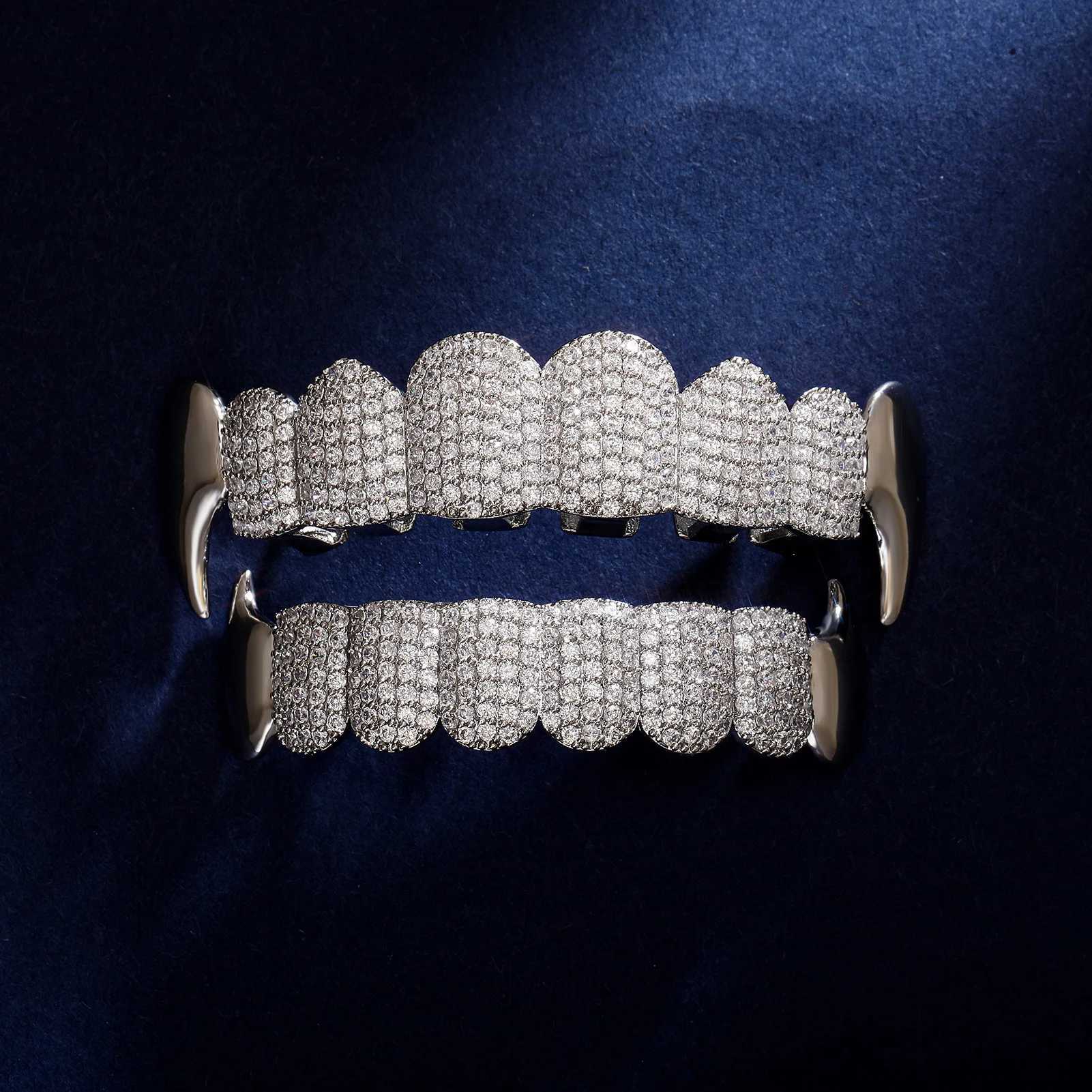 RACHELZ 2024 New Iced Out CZ Stone 8/8 Vampire Fangs Teeth Grillz Hip Hop Zircon Tooth Caps Dental Grill For Women Men JewelryXJ250114